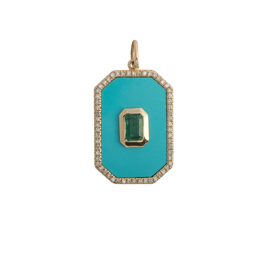 A rectangular turquoise and emerald pendant with diamond pave set in 14k gold.