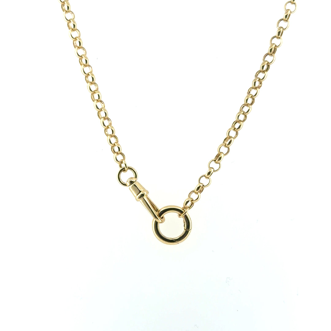 A 14k gold rolo chain styled as a traditional necklace on a white background. 