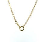 A 14k gold rolo chain styled as a traditional necklace on a white background. 