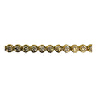 A  close up of a 14k gold round bezel set necklace on a white background. 