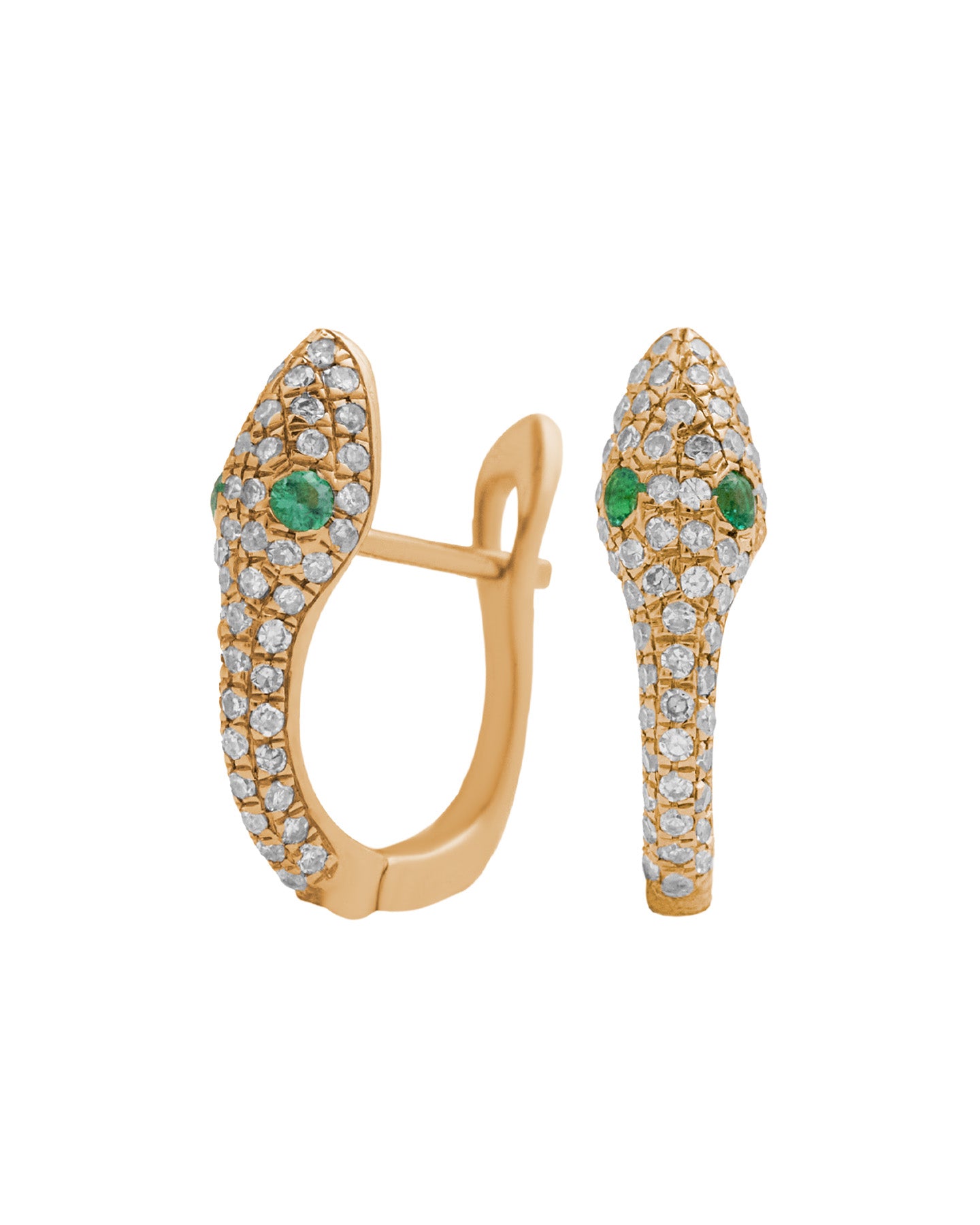 A pair of gold serpent-shaped huggie earrings adorned with natural diamonds and emeralds. 