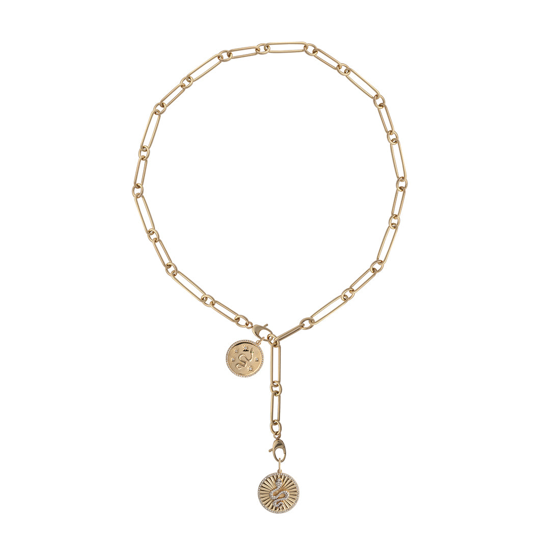 A 14k gold chain necklace styled lariat style with two serpent pendants, on a white background
