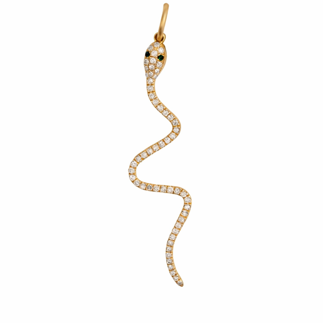 Gold snake-shaped pendant with pave diamonds and black diamond eyes on a white background