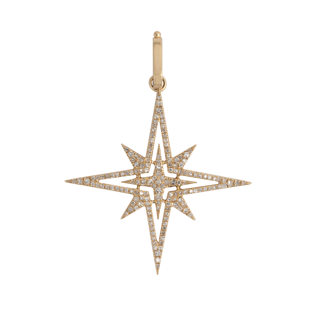A 14k gold Starburst Diamond Pendant with a clasp attachment, featuring a geometric starburst pattern with diamonds.
