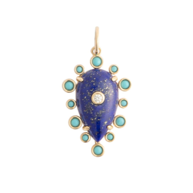Gold pendant with a blue stone and turquoise accents on a white background