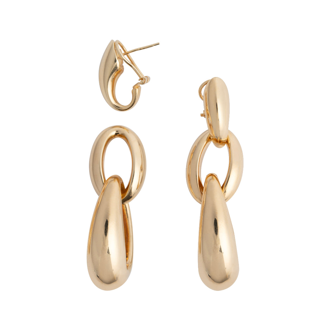 Two gold earrings on a white background, showcasing the removable bottom two links. 
