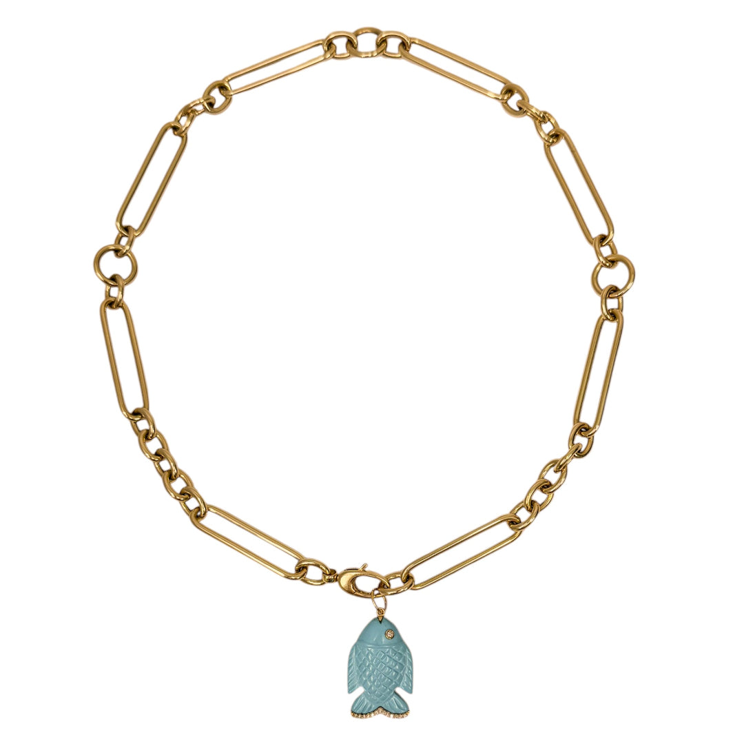 A chunky 14k gold chain necklace with a turquoise fish pendant on a white background.