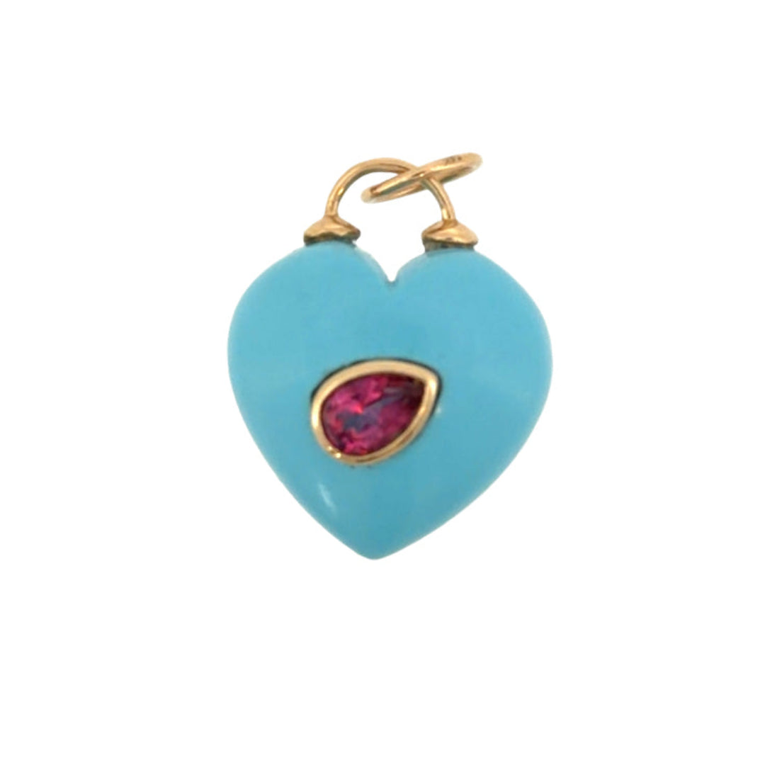 A turquoise heart-shaped pendant with a pear-shaped pink topaz on a white background. 