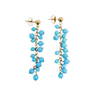 Pair of turquoise beaded earrings set in 14k gold on a white background.