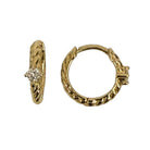 14k gold huggie earrings with lab-grown diamonds on a white background. 