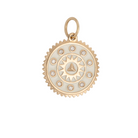 A white enamel and diamond pendant with a gold metal chain.