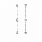 14k white gold diamond station drop earrings on a white background. 