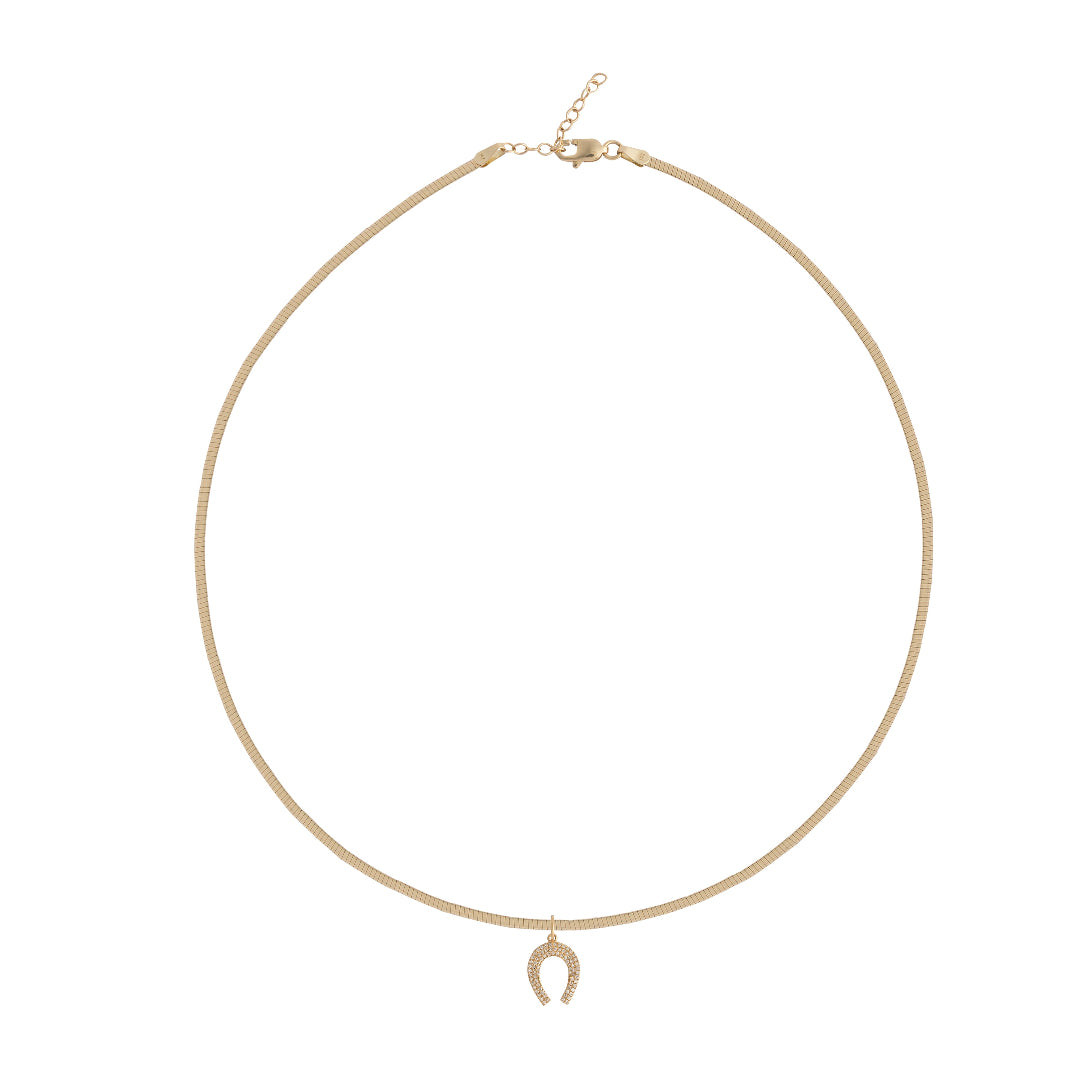 Gold necklace with a horseshoe pendant on a white background.