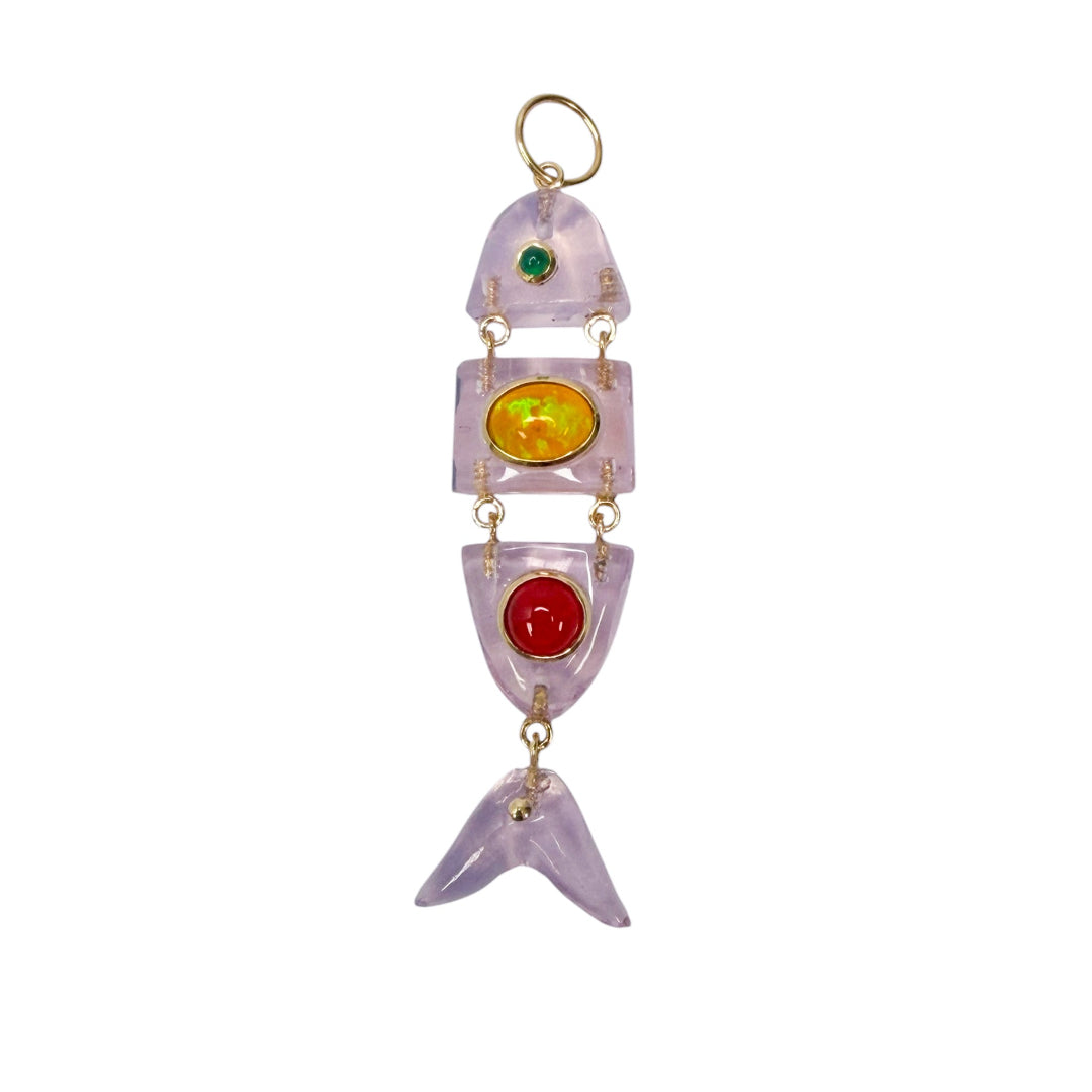 Rose quartz deconstructed fish pendant with opal and other gemstones on a white background. 