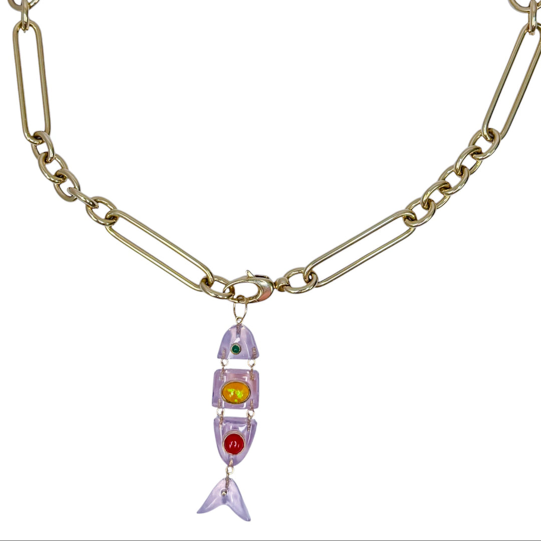 14k gold chunky chain necklace with a colorful pink quartz fish-shaped pendant on a white background