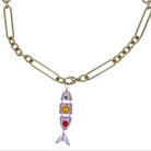 14k gold chunky chain necklace with a colorful pink quartz fish-shaped pendant on a white background