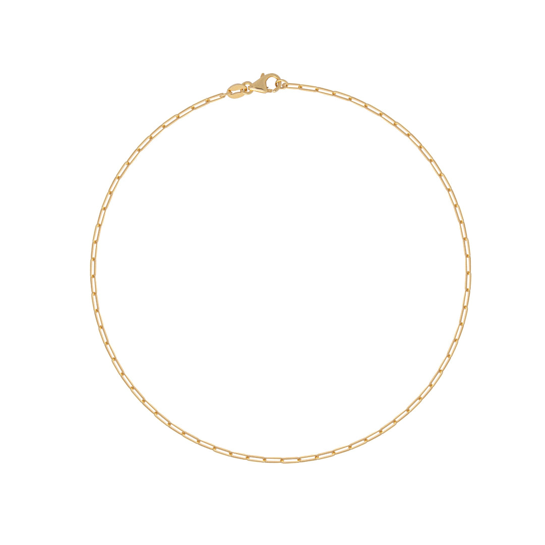Gold chain ankle bracelet on a white background.