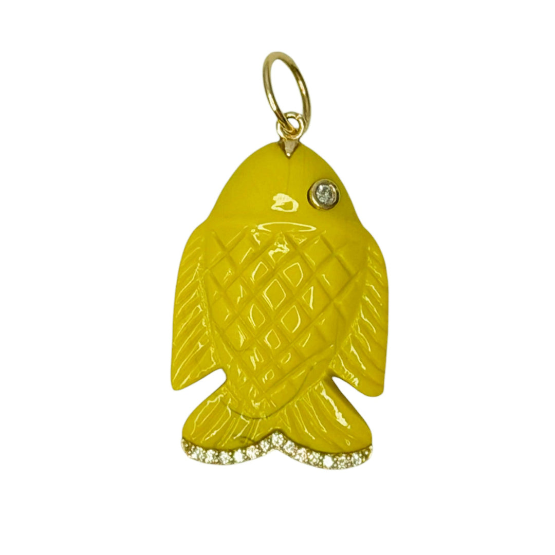 Yellow agate angel fish shaped pendant with diamond accents set in 14k gold on a white background.